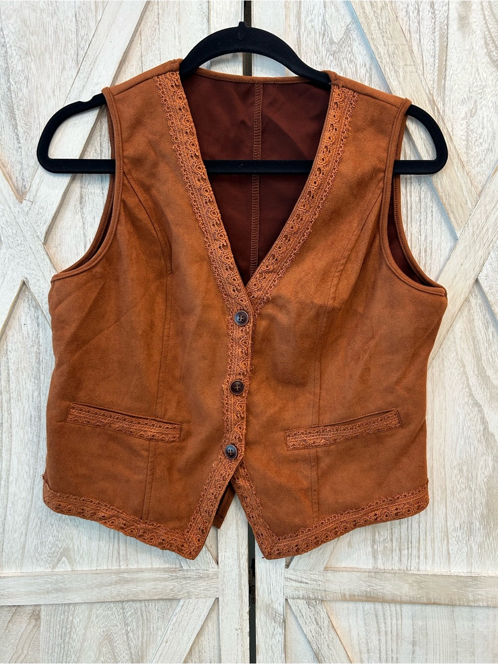 Women's Suede Like Lace-Trim Vest - Rust